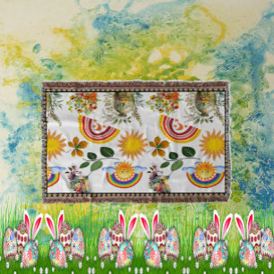 Spring Garden Butterfly Rainbow Sunshine Greenery  Throw Blanket