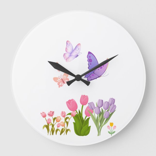 Spring Garden Butterfly Wall Clock – Pink Tulips & (Front)