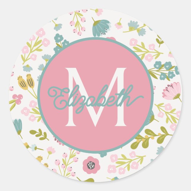 Spring Garden Floral Monogram Classic Round Sticker (Front)