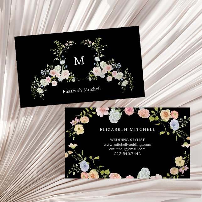 Spring Garden Floral on Black | Monogram Business Card (Creator Uploaded)