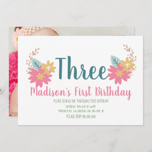 Spring Garden Floral Pink Party 3rd Birthday Invitation