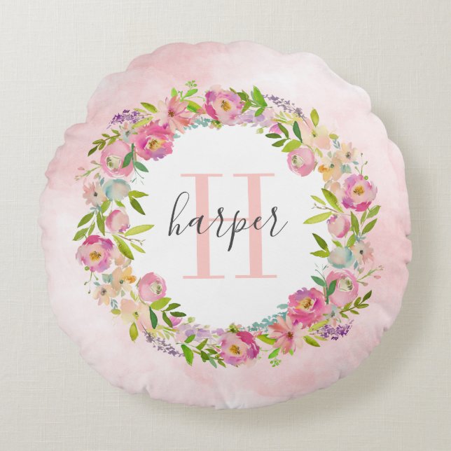 Spring Garden Floral Wreath Monogram Round Cushion (Front)