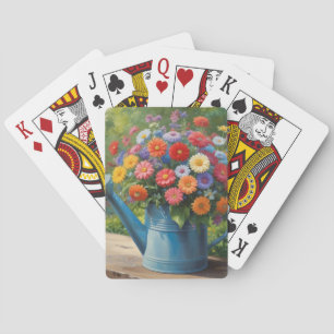 Spring Garden Flowers in Watering Can Watercolor Playing Cards