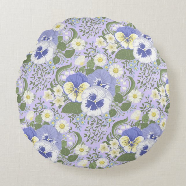 Spring Garden flowers on lavender Round Cushion (Front)
