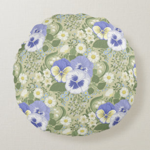 Spring Garden flowers on sage Round Cushion