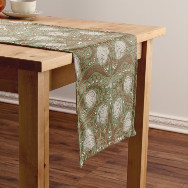Spring Garden flowers on sage Short Table Runner (In Situ)