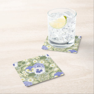 Spring Garden flowers on sage Square Paper Coaster