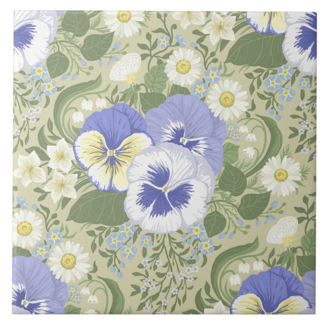 Spring Garden flowers on sage Tile (Front)
