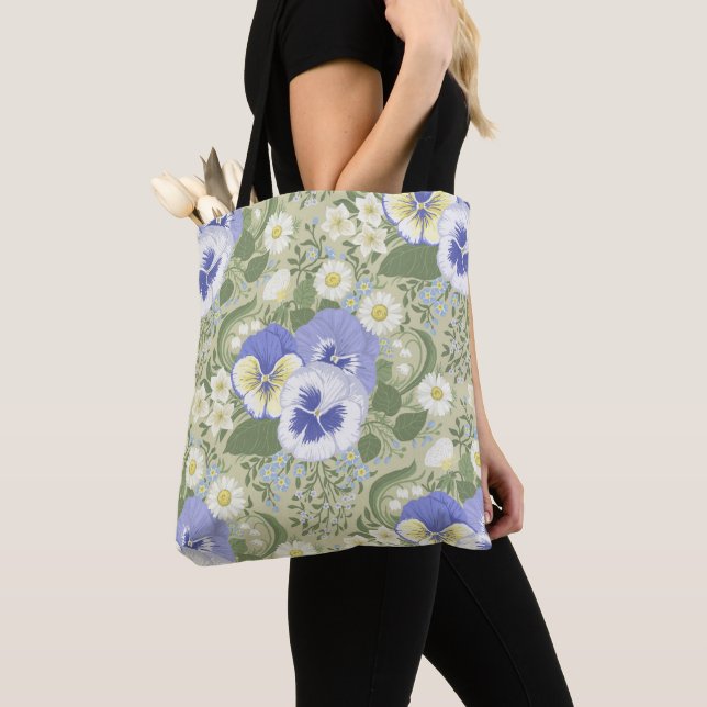 Spring Garden flowers on sage Tote Bag (Close Up)