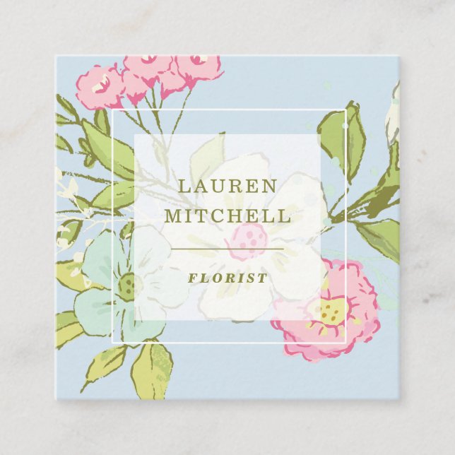 Spring Garden in Blue | Trendy Floral Square Business Card (Front)
