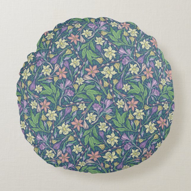 Spring Garden Mother's Day Daffodils Crocuses Round Cushion (Front)