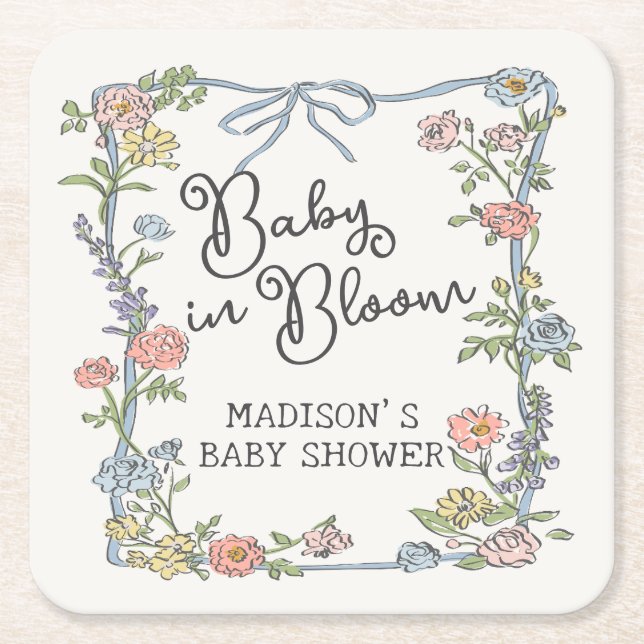 Spring Garden Party Pastel Floral Baby Shower Square Paper Coaster (Front)