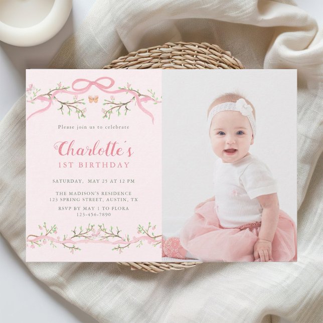 Spring Garden Pink and Green 1st Birthday Photo    Invitation (Creator Uploaded)