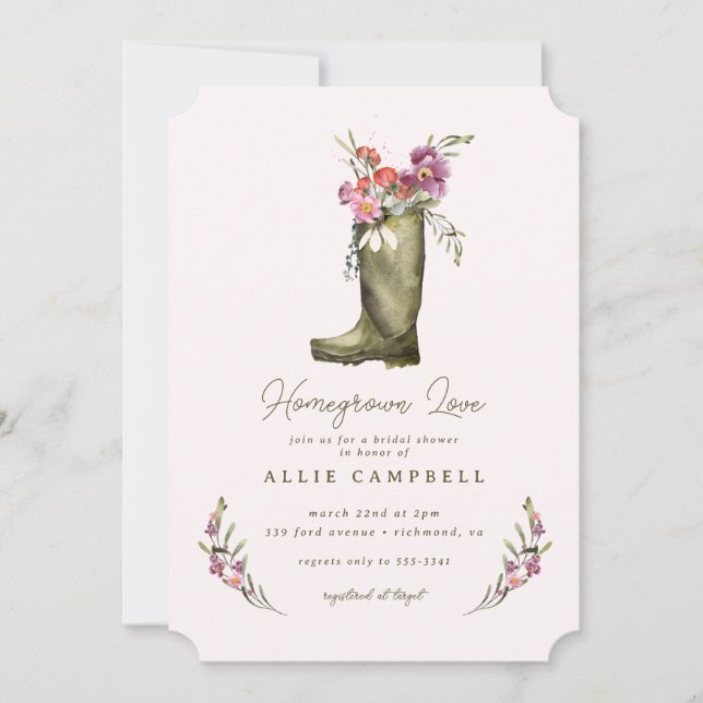 Spring Garden Pink Floral Rain Boot Bridal Shower  Invitation (Front)