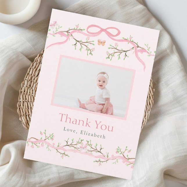 Spring Garden Pink & Green 1st Birthday Photo  Thank You Card (Creator Uploaded)