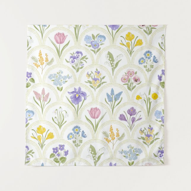 Spring Garden variety flowers in rainbow medallion Tapestry (Front)