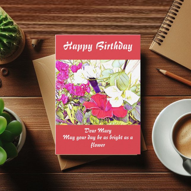Spring Garden Watercolor Hibiscus Floral Greenery (Custom Name Watercolor Hibiscus Birthday Card)