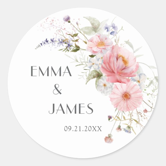 Spring Garden Wildflowers Pink White Wedding Classic Round Sticker (Front)