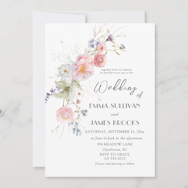 Spring Garden Wildflowers Pink White Wedding Invitation (Front)