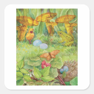 Spring Garden with Chick and Froggie Square Sticker