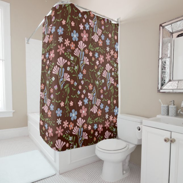 Spring Garden with Chocolate Brown Background Shower Curtain (In Situ)