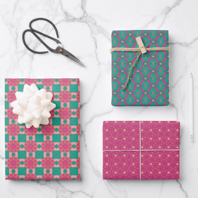Spring Geometric Green Dark Pink Set Wrapping Paper Sheet (Front)