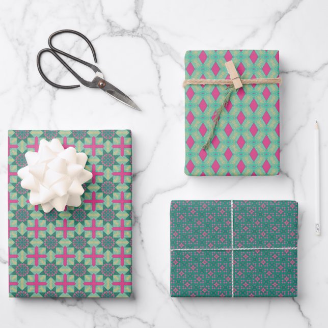 Spring Geometric Green Pink Set Wrapping Paper Sheet (Front)