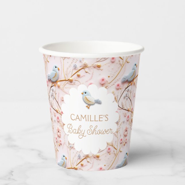 Spring Girl Baby Shower Pink Floral Personalised Paper Cups (Front)