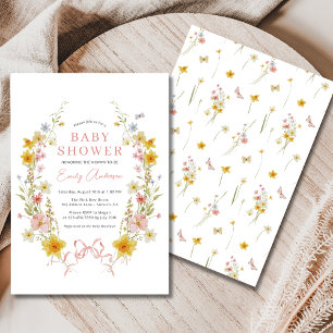Spring Girl Bow Pink Wildflower Baby Shower Invitation