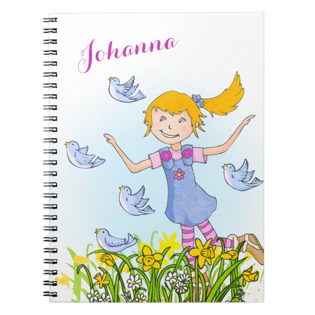 Spring girl chasing birds kids notebook (Front)