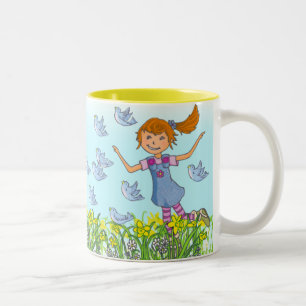 Spring girl chasing birds mug