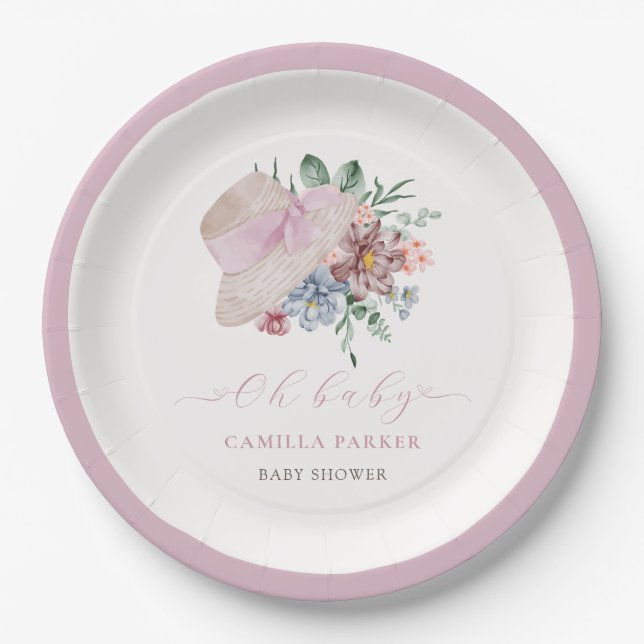 Spring Girl Garden Hat Baby Shower Welcome Sign Paper Plate (Front)