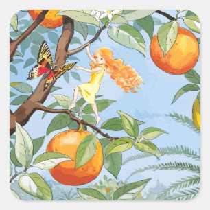 Spring Girl handing in the tree with fruit, a bird Square Sticker