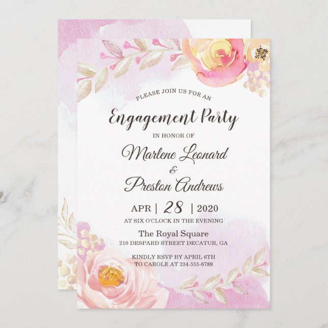 Spring Girly Pink & Gold Flowers Engagement Party Invitation (Front/Back)