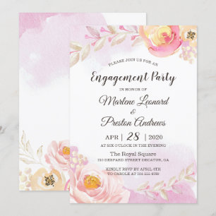 Spring Girly Pink & Gold Flowers Engagement Party Invitation