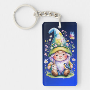 Spring Gnome with Bunny and Bluebird Key Ring