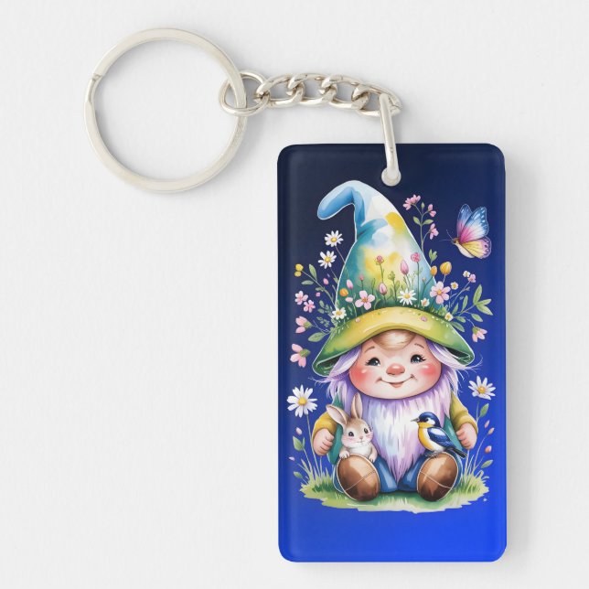 Spring Gnome with Bunny and Bluebird Key Ring (Front)