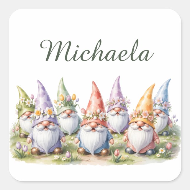 Spring Gnomes in a Meadow Square Sticker (Front)