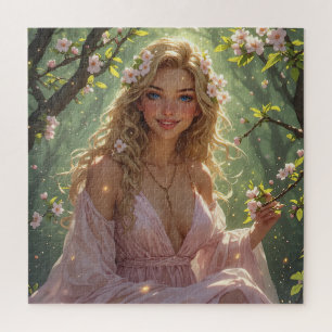 Spring Goddess Blonde Pink White Apple Blossoms Jigsaw Puzzle