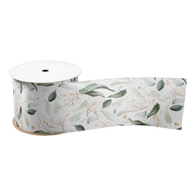 Spring Gold Greenery Foliage Elegant White Satin Ribbon (Spool)