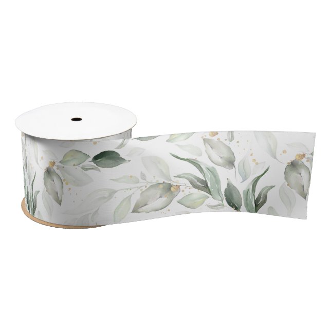 Spring Gold Greenery Foliage Elegant White Satin Ribbon (Spool)