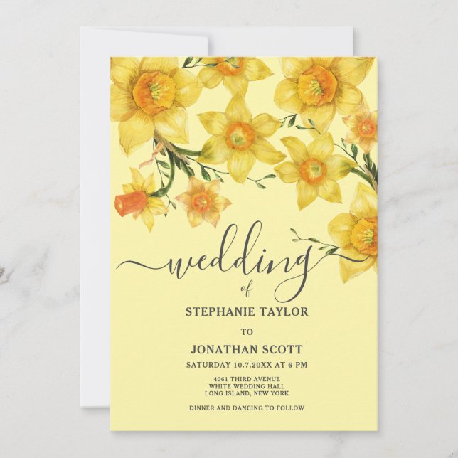 Spring golden green daffodils flowers wedding invitation (Front)
