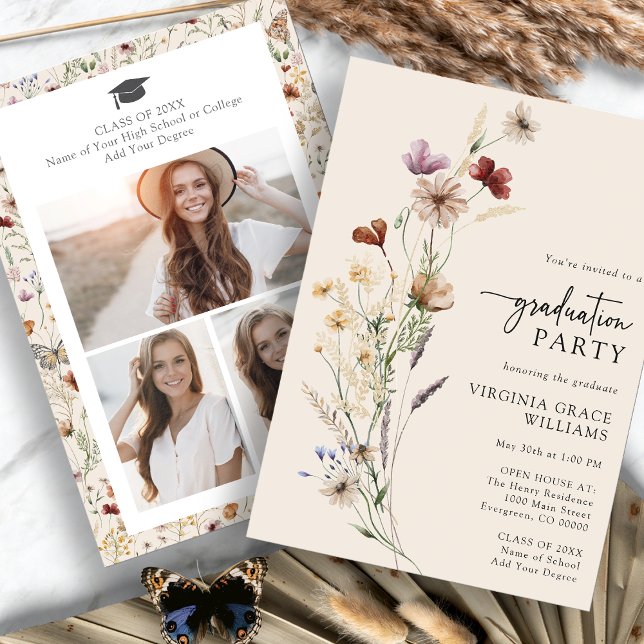 Spring Graduation Party Invitation (Boho Spring Watercolor Floral Graduation Party Invitation by Painted Paperie
)