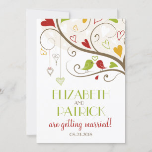 Spring Green and Red Cute Lovebirds Wedding Invitation