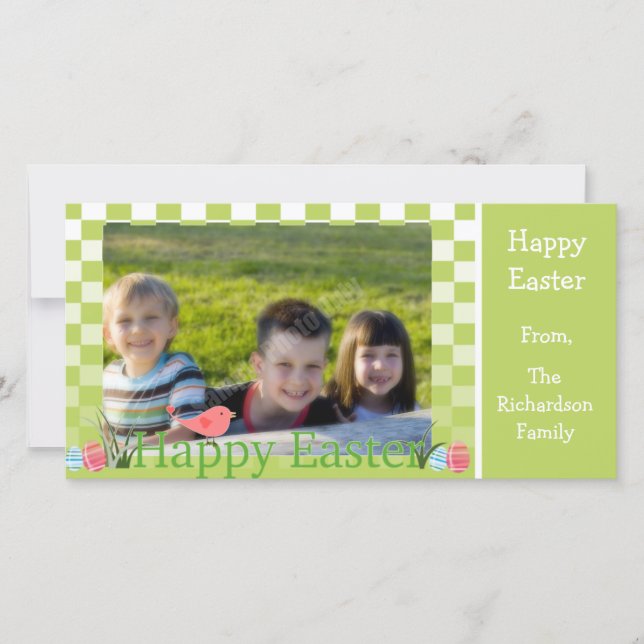 Spring Green and White Checkers Easter Eggs Holiday Card (Front)