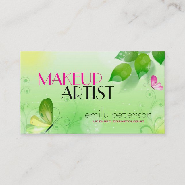 Spring Green Background With Pink Butterfly Business Card (Front)