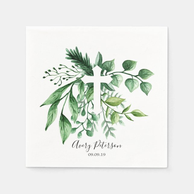 Spring Green Botanical Cross First Holy Communion Napkin (Front)