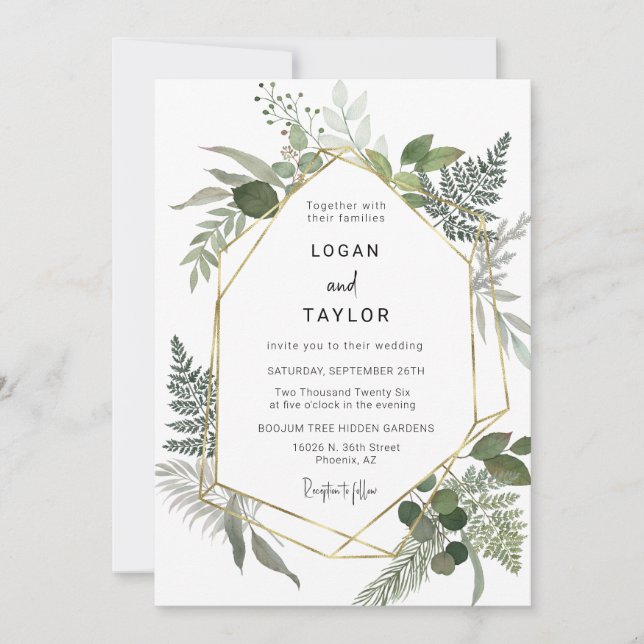 Spring Green Botanical Greenery Gold Frame QR Code Invitation (Front)