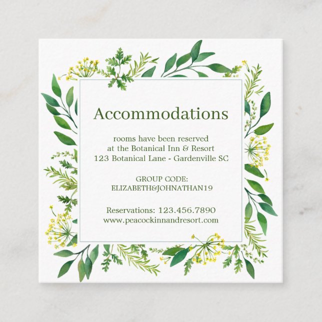 Spring Green Botanical Herbs Wedding Accomodation Enclosure Card (Front)