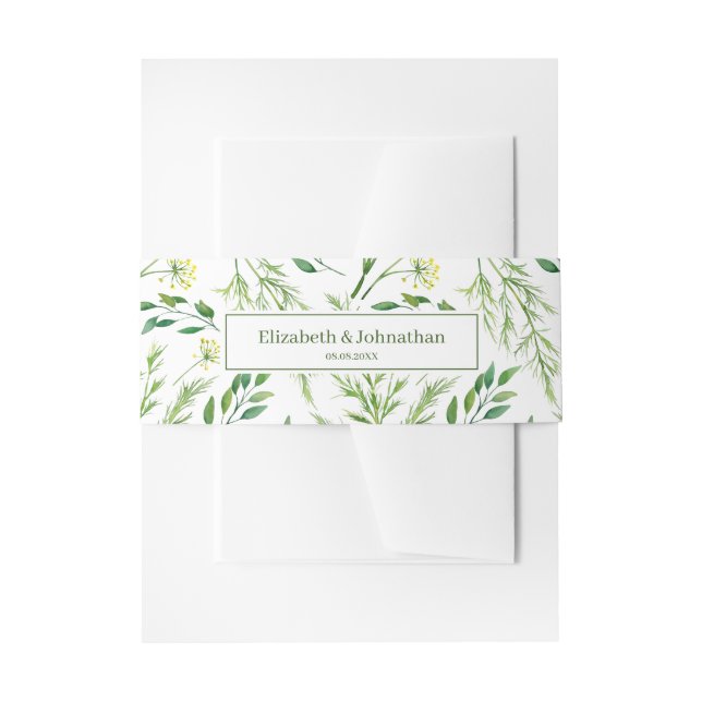 Spring Green Botanical Herbs Wedding Invitation Belly Band (Front Example)